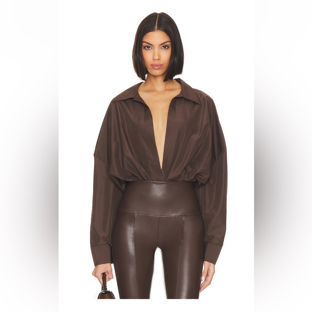 Norma Kamali Deep V Balloon Sleeve Blouse in Chocolate Brown